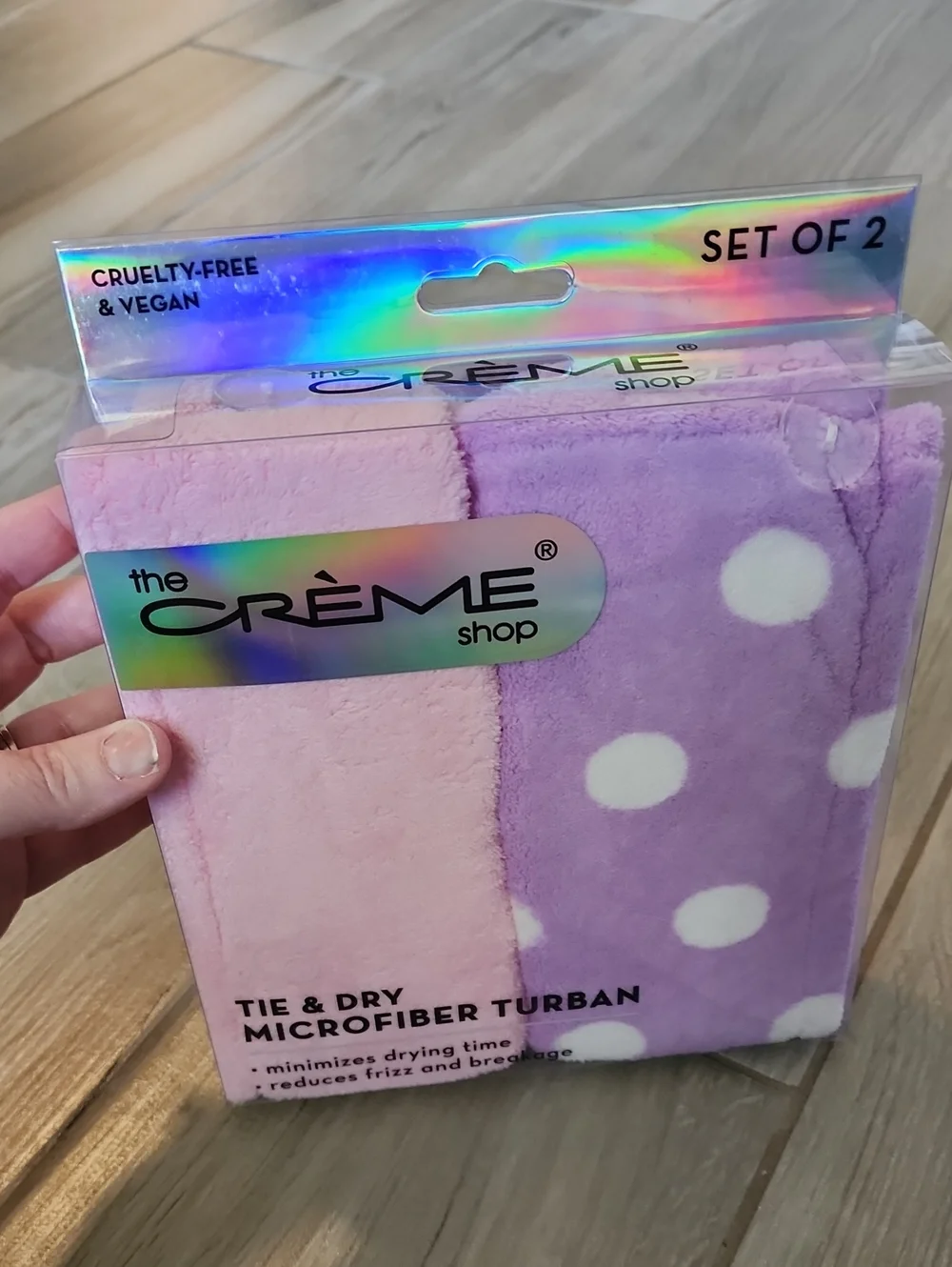 NWT The Crème Shop Pink & Lavender Polka Dot Microfiber Hair Turban Set of 2
